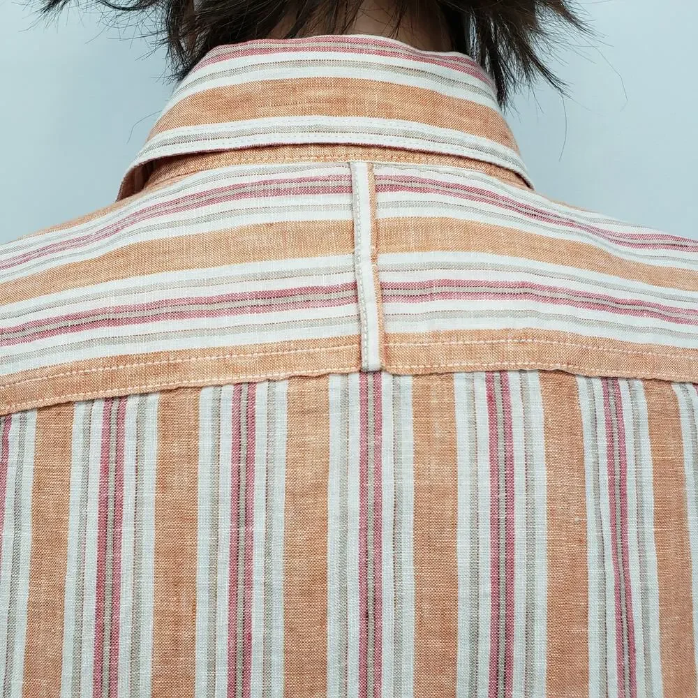 Banana Republic Linen Shirt Men S 14 / 14.5  Orange Stripe Long Sleeve Button Up